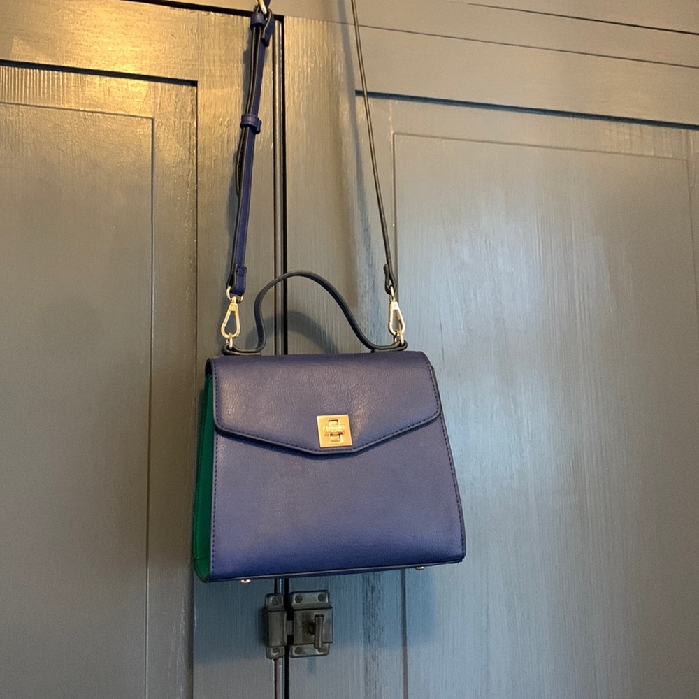 Dune London purse. Blue with green and gold accents.